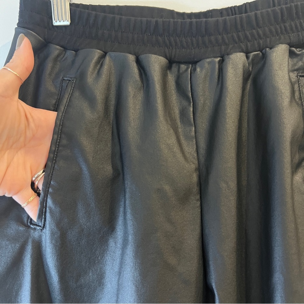 Women’s Black Faux Leather Waxed Elastic Waist Joggers